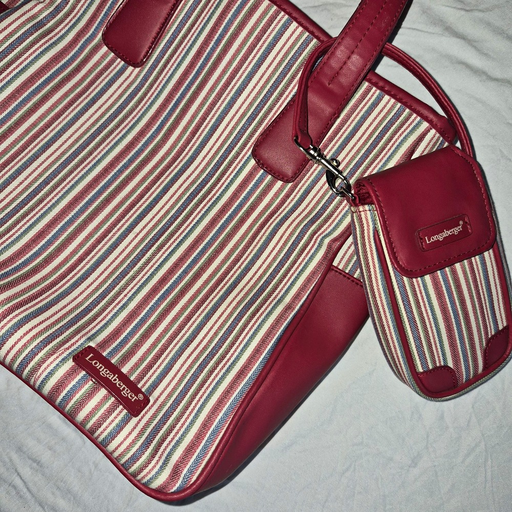 Longaberger Striped Tote Purse Red Trim w/ Matching Zip Pouch, Lined Pockets